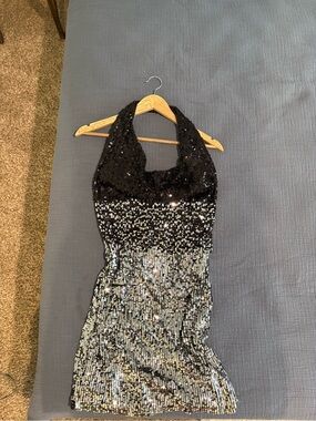 Sexy Glam Gudi Women’s Lined Sequin Halter Mini Dress in Silver/Black